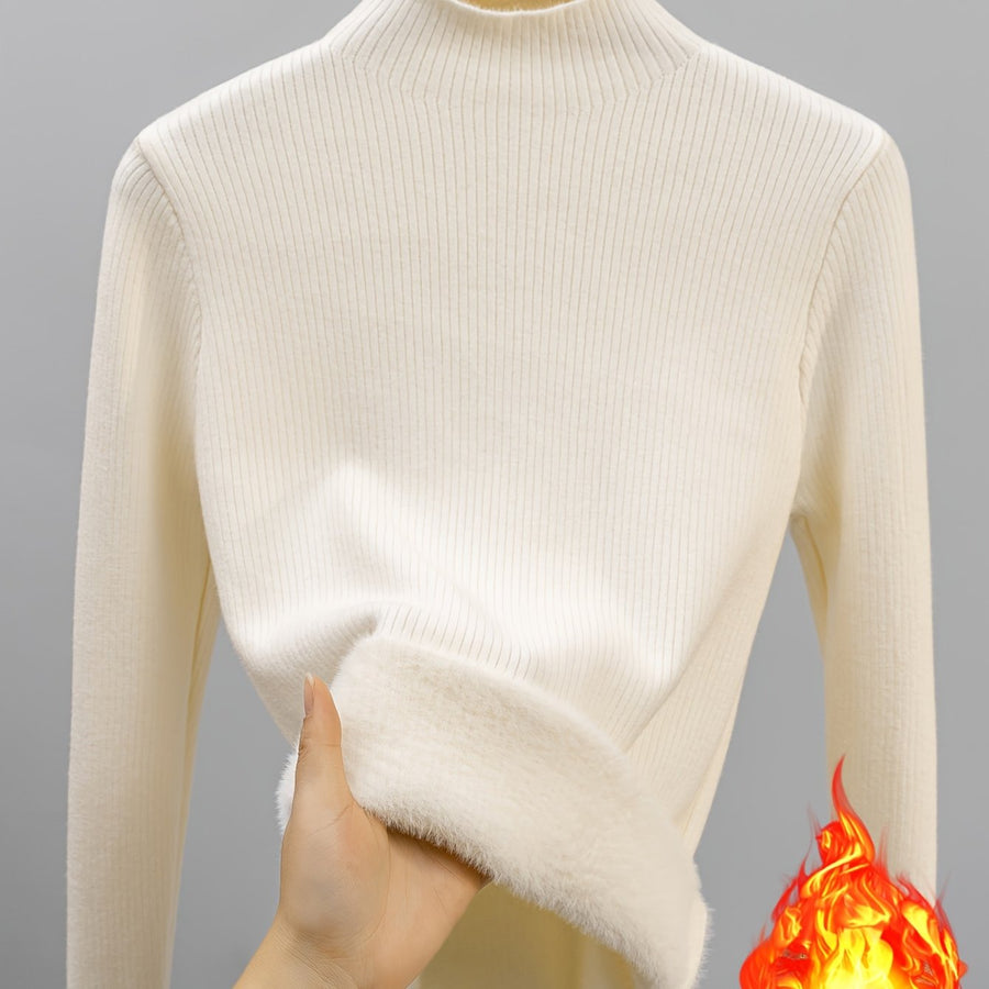 Gerippter Damen Mock-Neck Pullover Langarm Futter Weich Warm