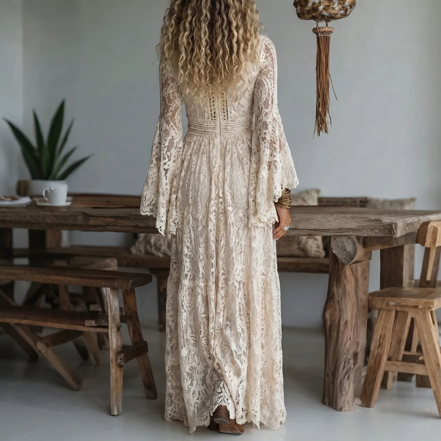Damen Maxi-Spitzenkleid in Beige mit Glockenärmeln V-Ausschnitt