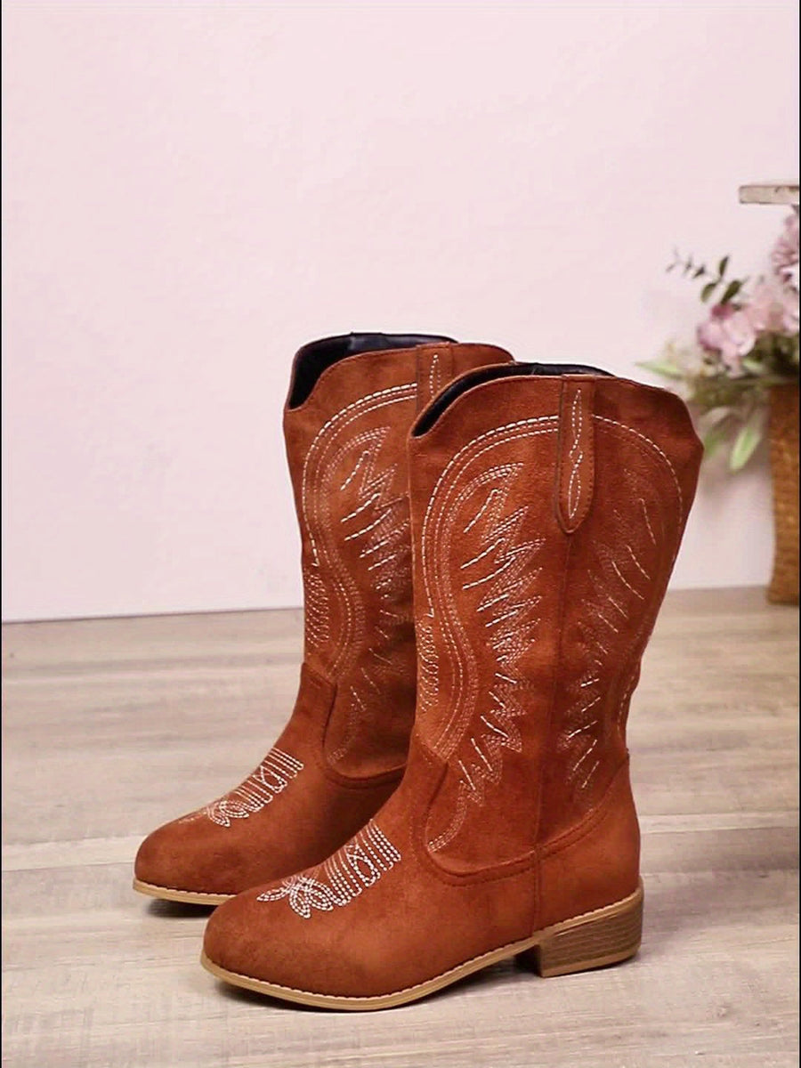 Dameslaarzen in westernstijl, middenbruin, met borduursel