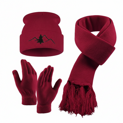 Unisex Winter Set Mütze Schal Handschuhe – Gestrickt mit Bergmotiv – In verschiedenen Farben