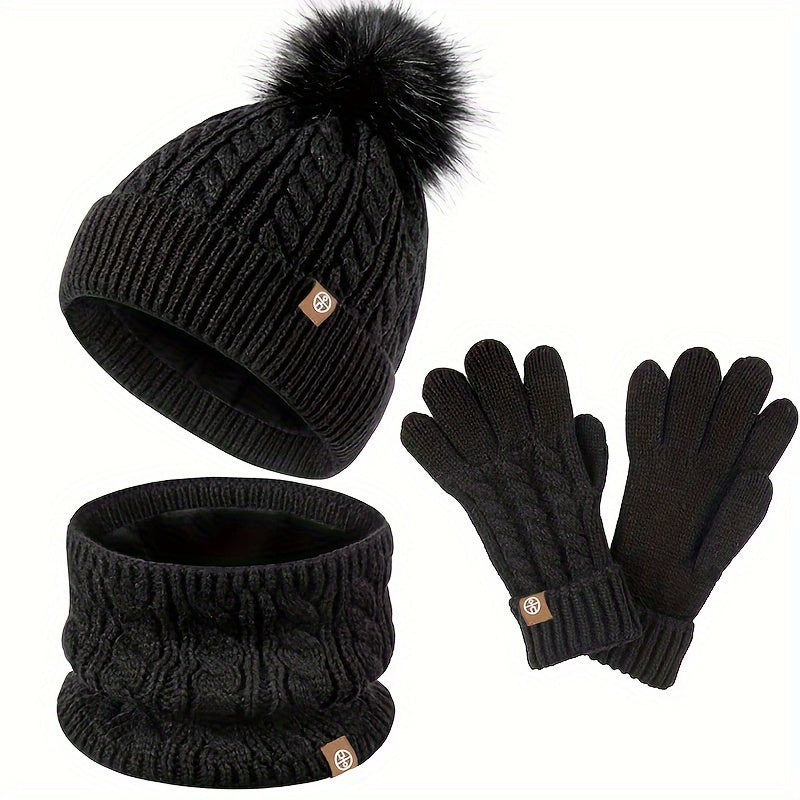 Unisex Strick Mütze mit Bommel, Schal und Handschuhe Set, Winter Warm