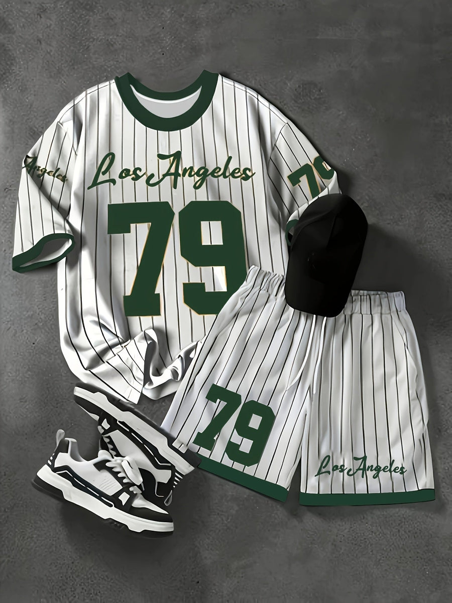 Herren Sportset Los Angeles 79 – Pinstripe Shirt und Shorts im Retro-Stil