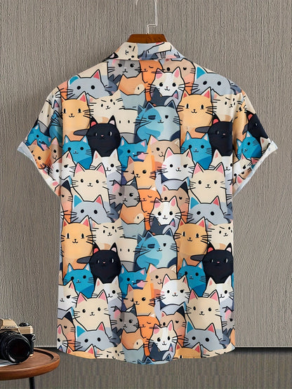 Herren Kurzarmhemd mit Katzenmotiv – Verspieltes Freizeithemd im Cartoon-Stil