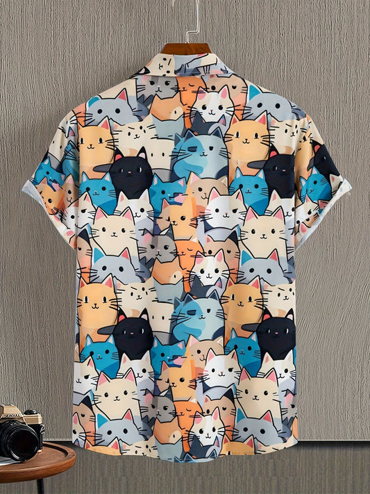 Herren Kurzarmhemd mit Katzenmotiv – Verspieltes Freizeithemd im Cartoon-Stil
