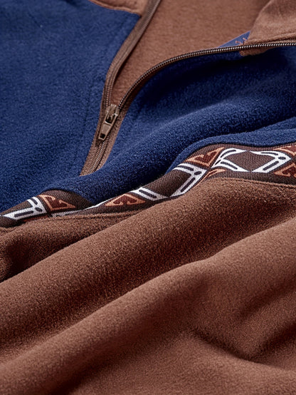 Herren Halb-Reißverschluss Pullover Braun Blau mit Muster