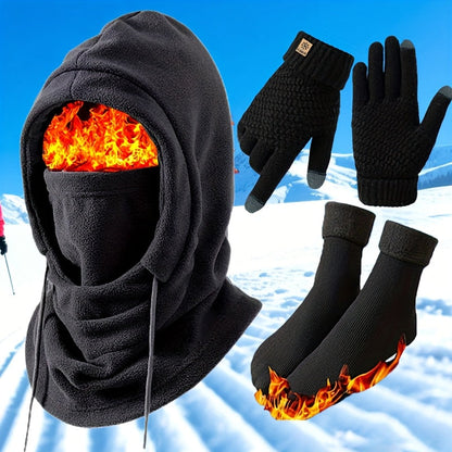Unisex winterset met bivakmuts, handschoenen en thermosokken, zwart, warm