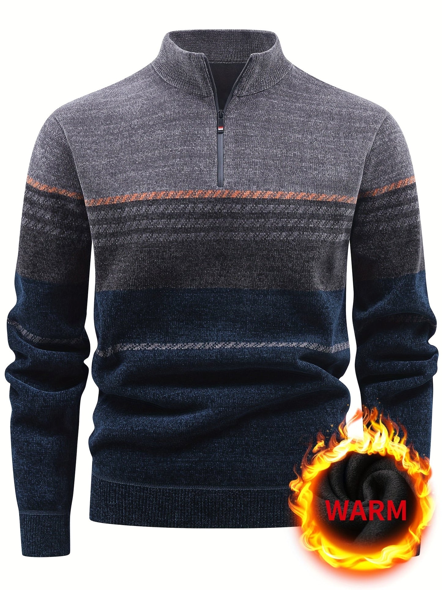 Herren Winter Pullover Half-Zip Stehkragen Gestreift Warm gefüttert