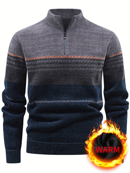 Herren Winter Pullover Half-Zip Stehkragen Gestreift Warm gefüttert