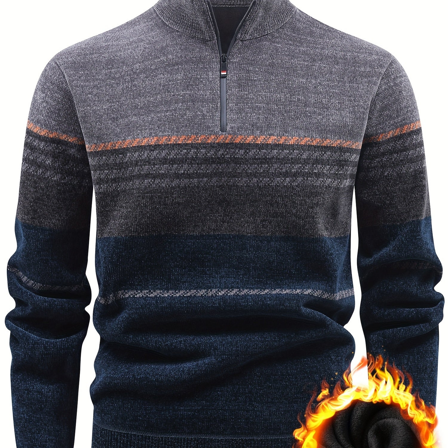 Herren Winter Pullover Half-Zip Stehkragen Gestreift Warm gefüttert