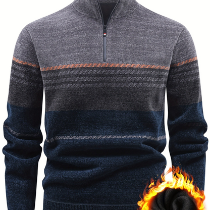Herren Winter Pullover Half-Zip Stehkragen Gestreift Warm gefüttert