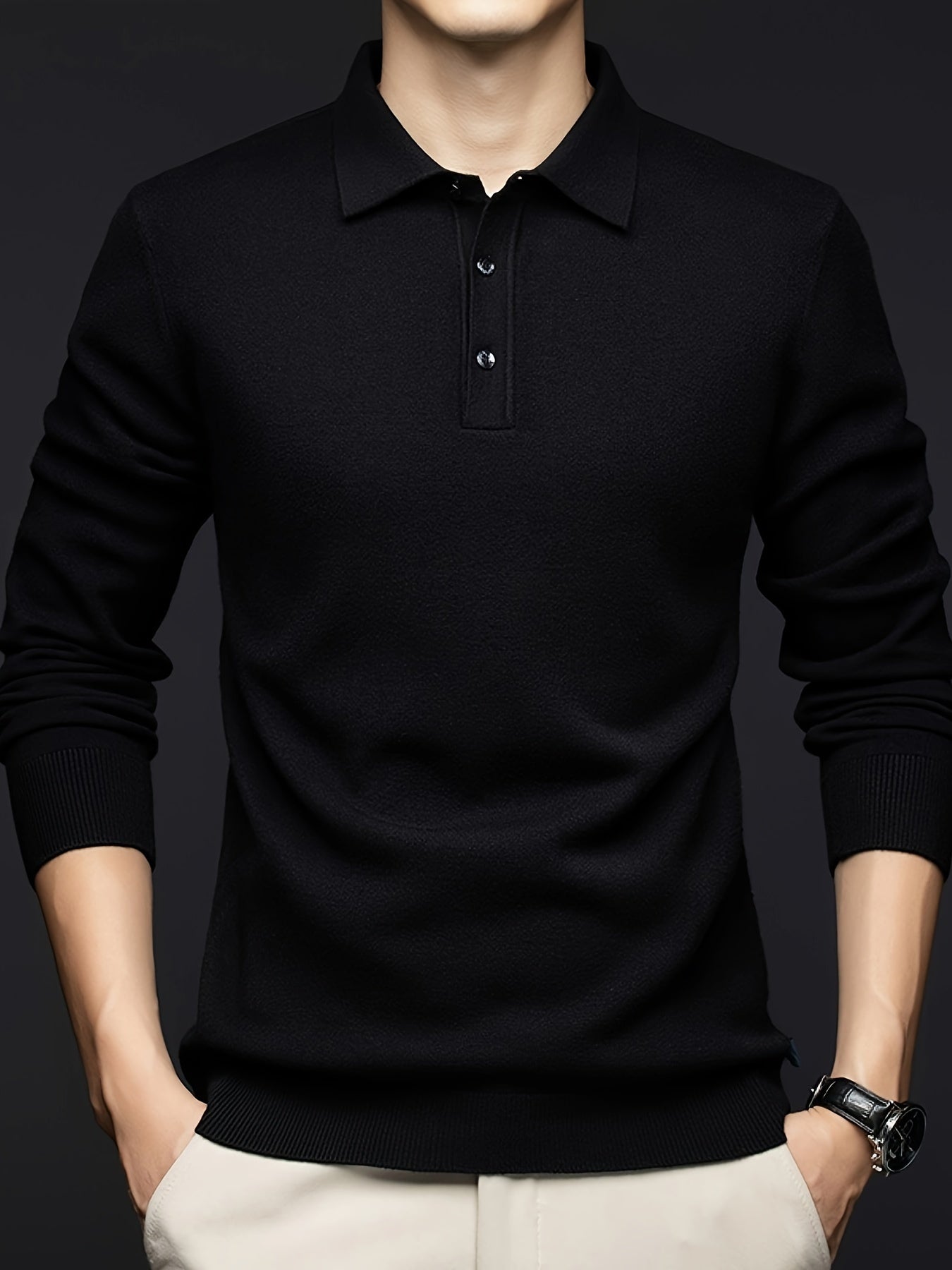 Herren Langarm Polohemd Strickpullover mit Knopfleiste