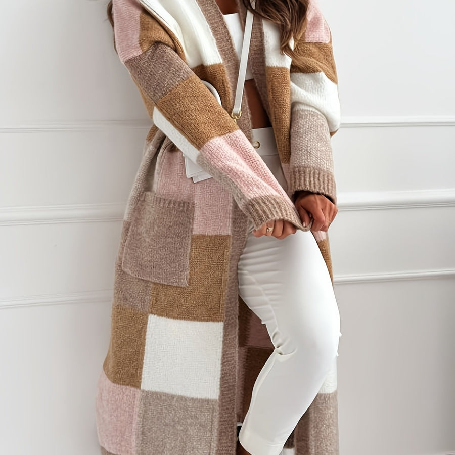 Damen Langer Strick-Cardigan mit Farbblock-Muster Beige Rosa Weiß