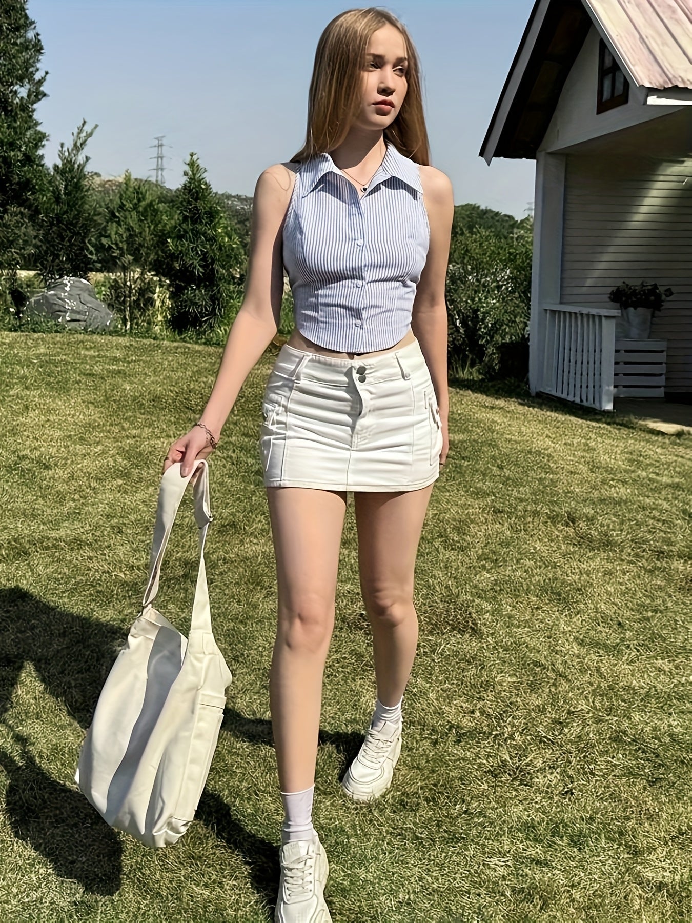 Damen Ärmellose Bluse im Streifen-Look mit taillierter Passform und Kragen – Modisches Business- und Freizeit-Top