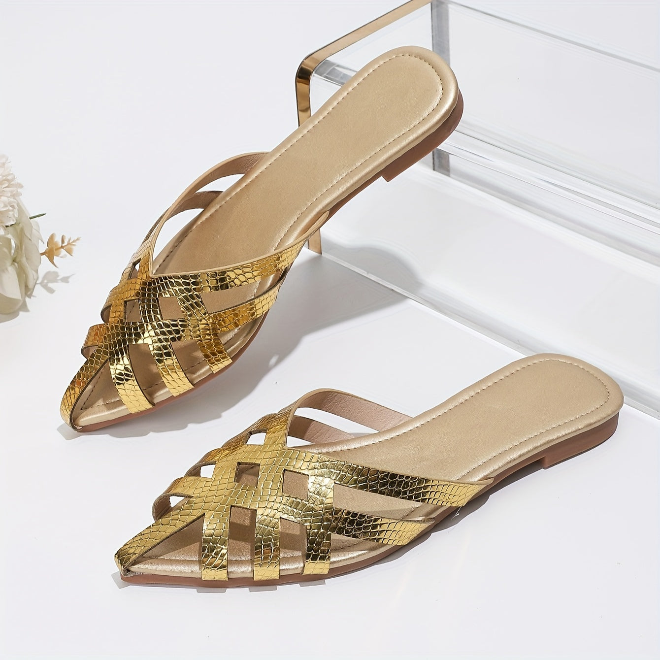 Damen Flache Mules mit Geflochtenem Design und Spitze – Elegante Slip-On Schuhe für Alltag und Ausgehen