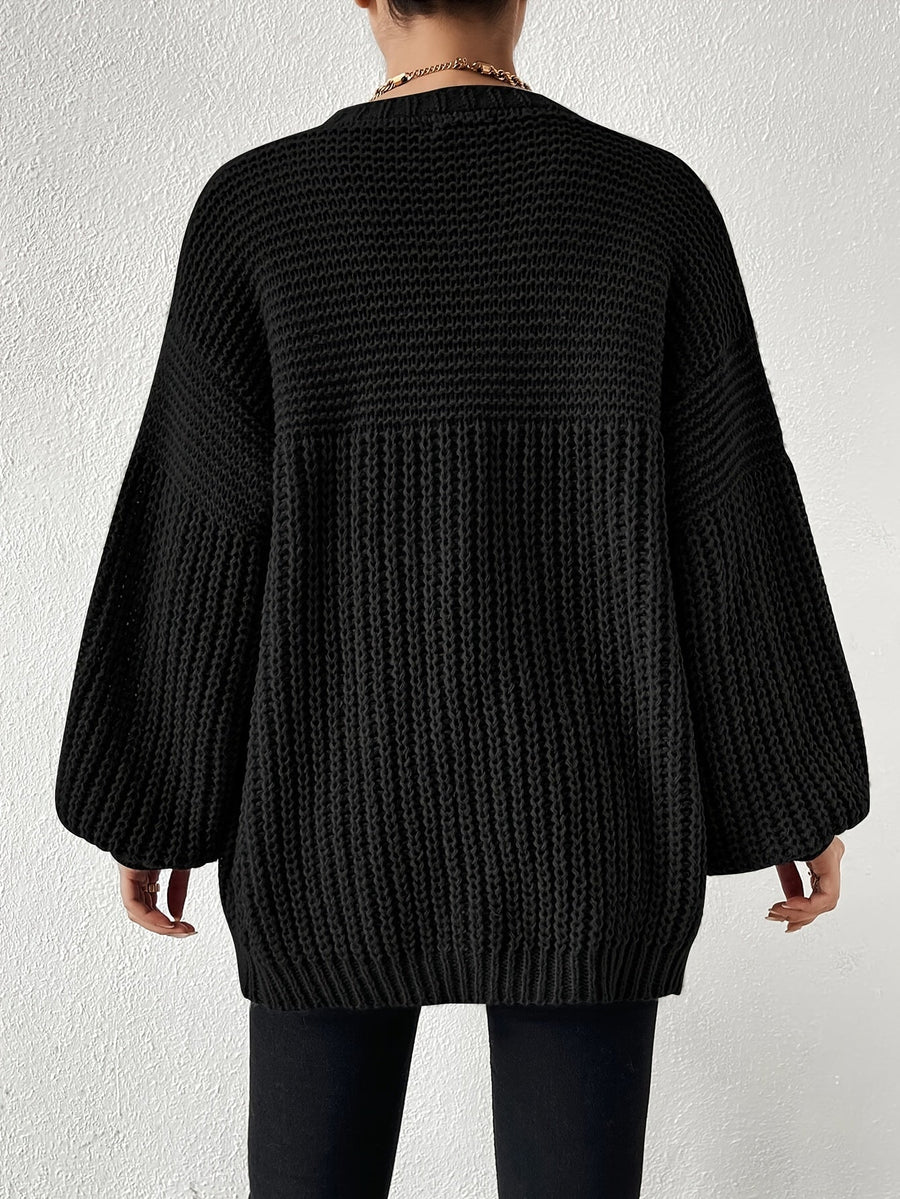 Damen Strickjacke Schwarz Offen Grobstrick Ballonärmel