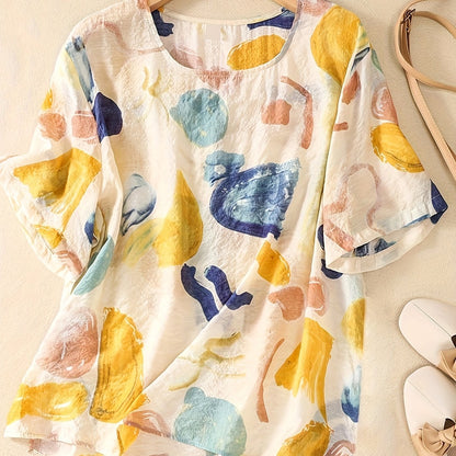 Damen Kurzarm-Bluse mit abstraktem Muster, lockerer Schnitt, modischer Freizeitstil