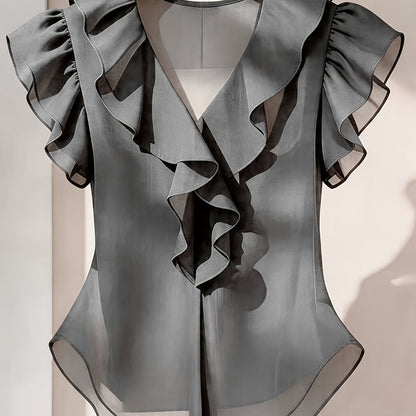 Damen Rüschenbluse mit V-Ausschnitt und Volantärmeln – Eleganter Stil für Büro und besondere Anlässe