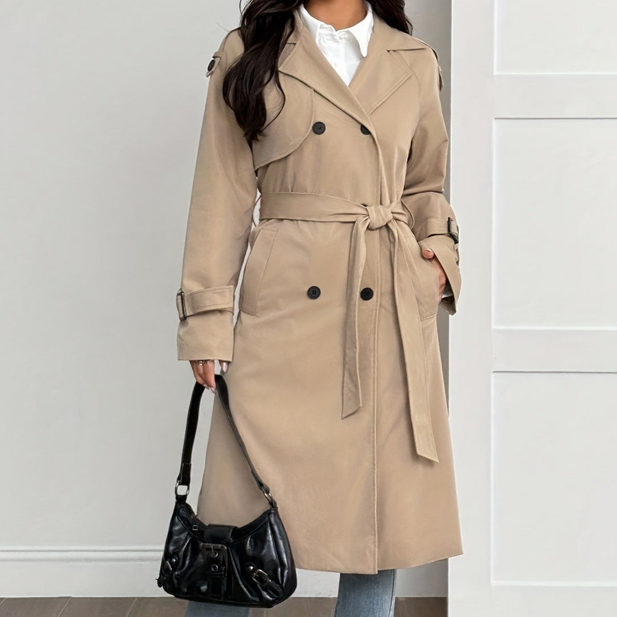 Damen Trenchcoat mit Plüschfutter, Beige, Zweireiher, Langarm