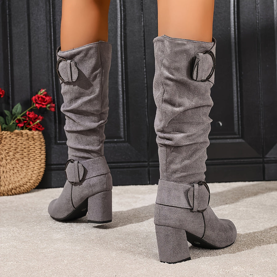 Damen Stiefel mit Blockabsatz, seitlichem Reißverschluss und Schnallendetails