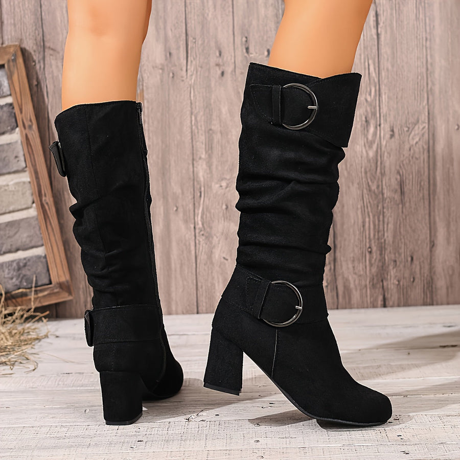 Damen Stiefel mit Blockabsatz, seitlichem Reißverschluss und Schnallendetails