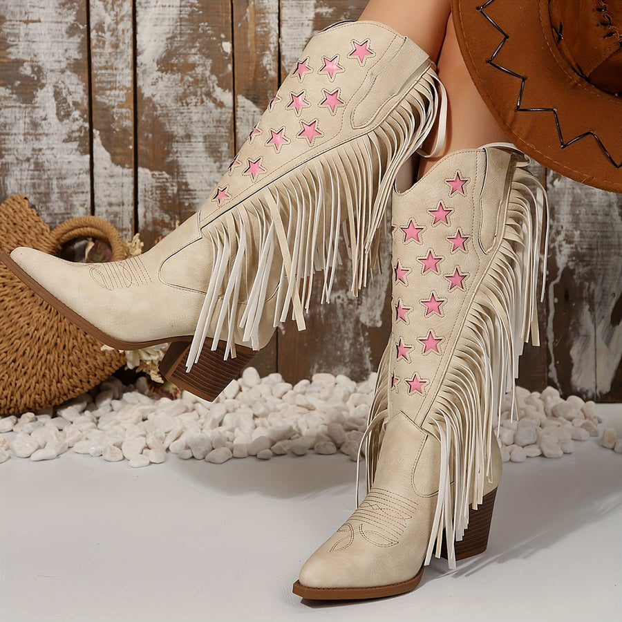 Westernstiefel mit Fransen und Sternen Stickerei Beige