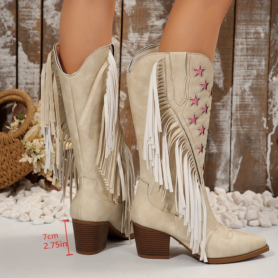 Westernstiefel mit Fransen und Sternen Stickerei Beige