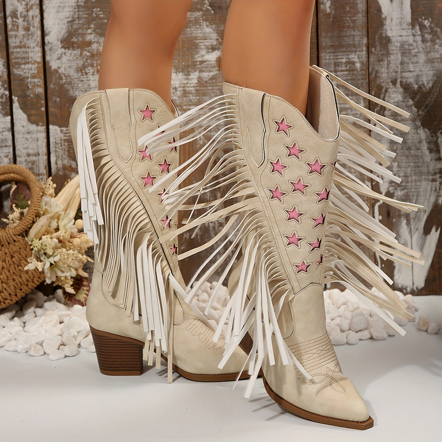 Westernstiefel mit Fransen und Sternen Stickerei Beige