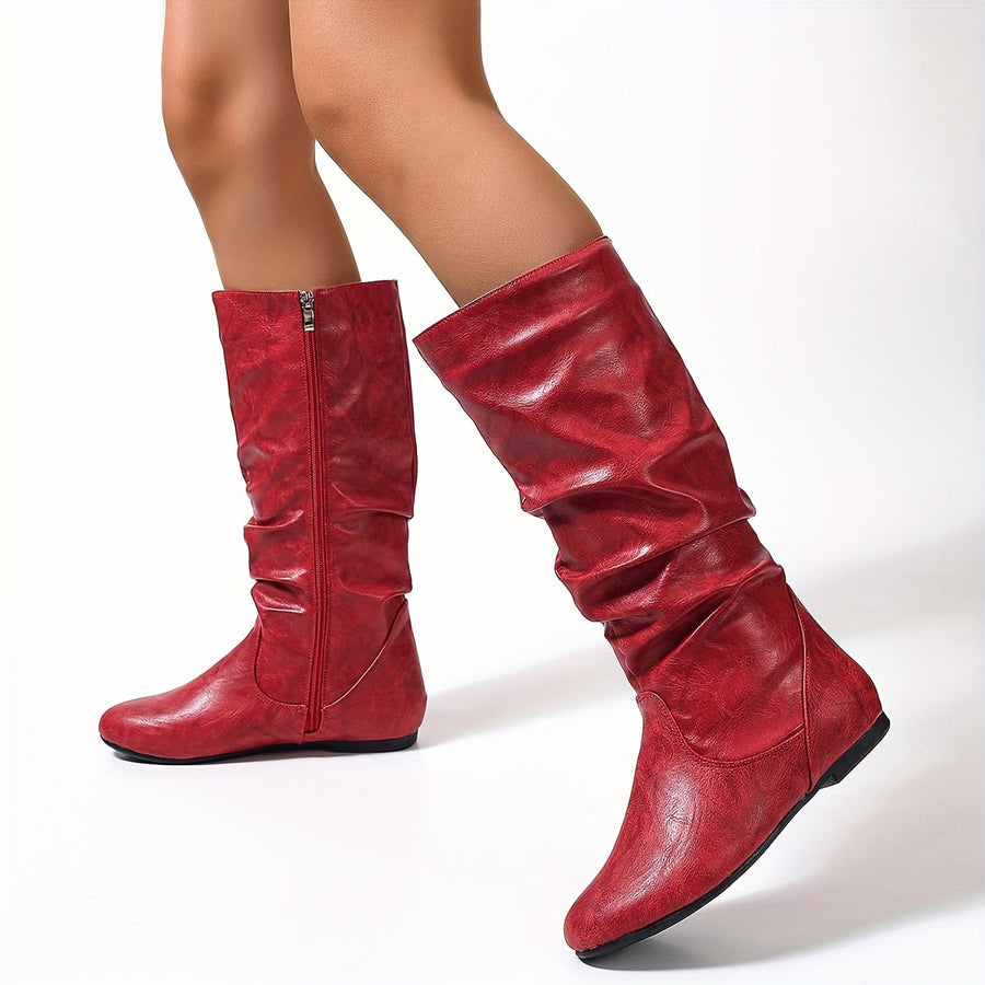 Damen Stiefel Kniehoch Flach Zugverschluss Crinkle Optik