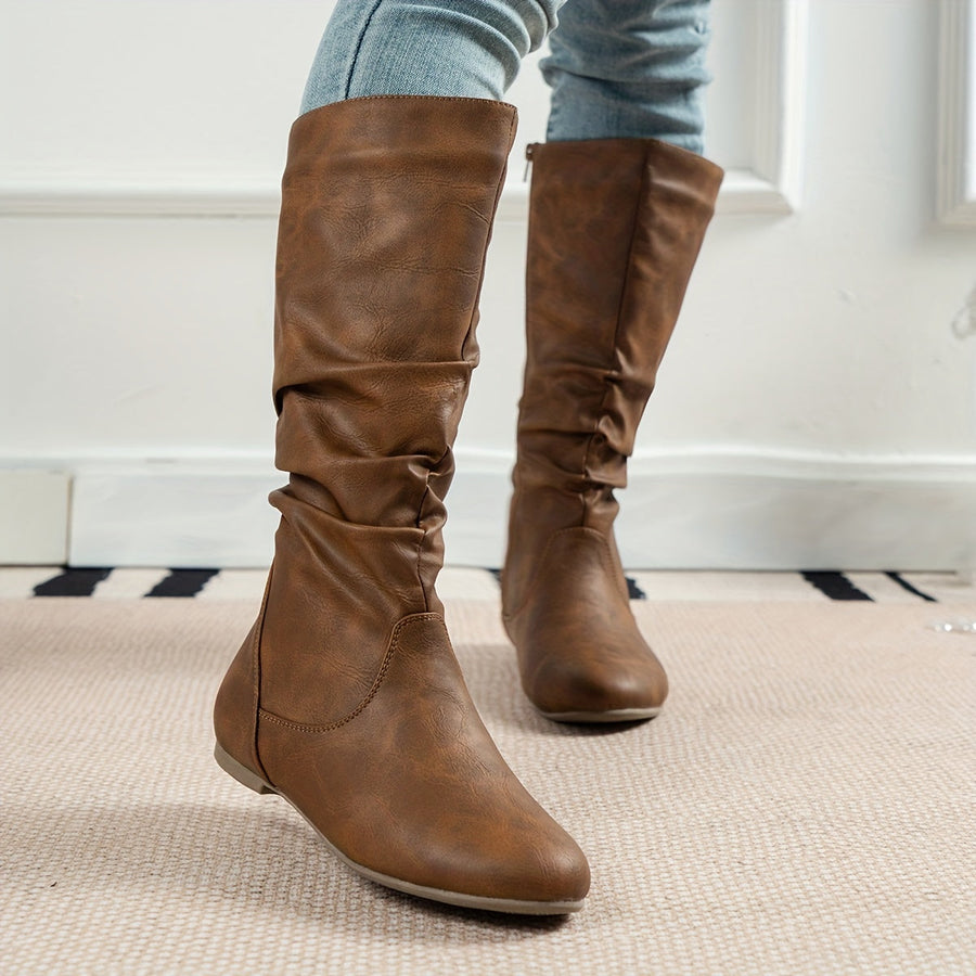 Damen Stiefel Kniehoch Flach Zugverschluss Crinkle Optik