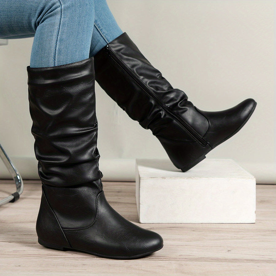 Damen Stiefel Kniehoch Flach Zugverschluss Crinkle Optik