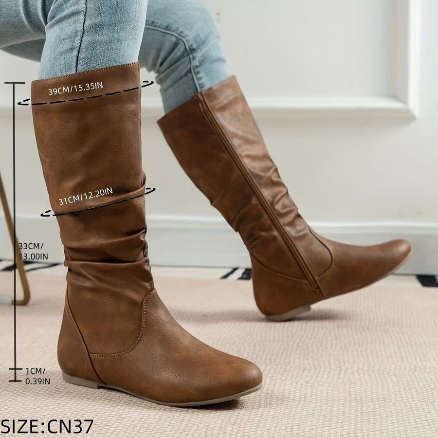 Damen Stiefel Kniehoch Flach Zugverschluss Crinkle Optik