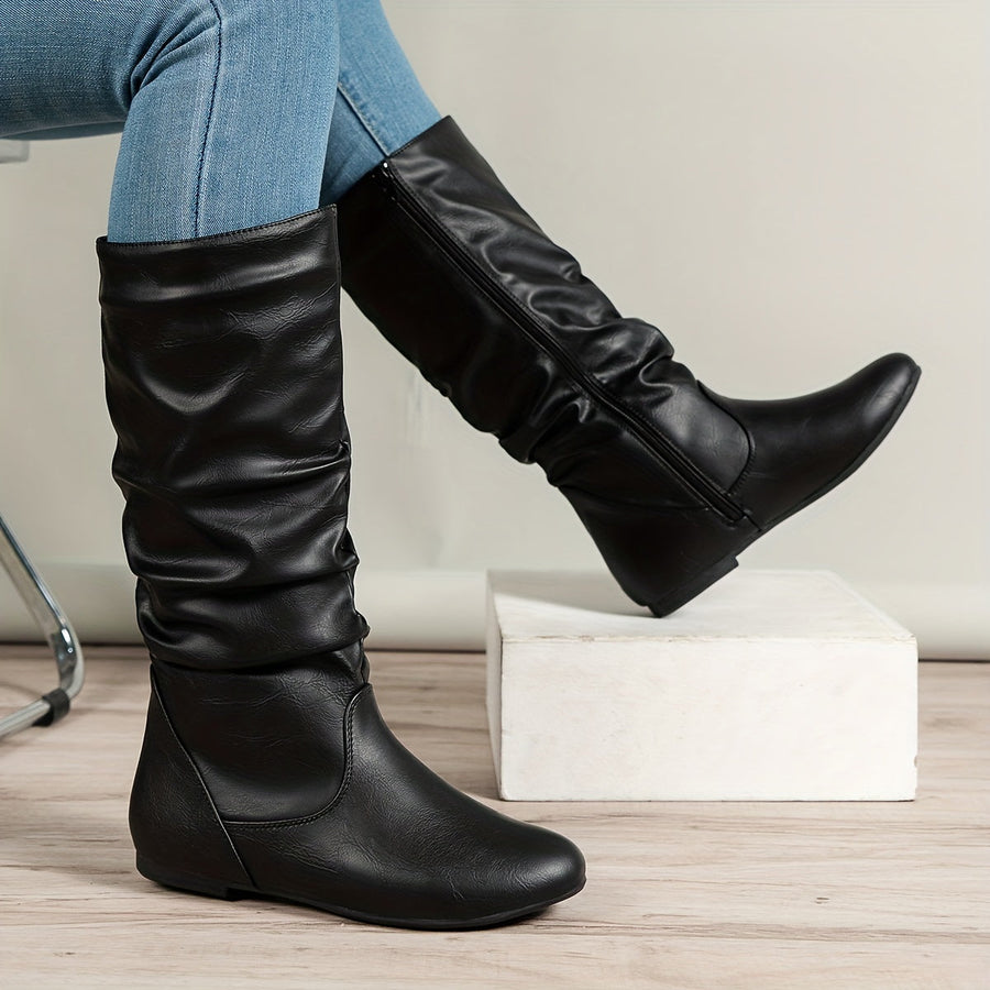 Damen Stiefel Kniehoch Flach Zugverschluss Crinkle Optik