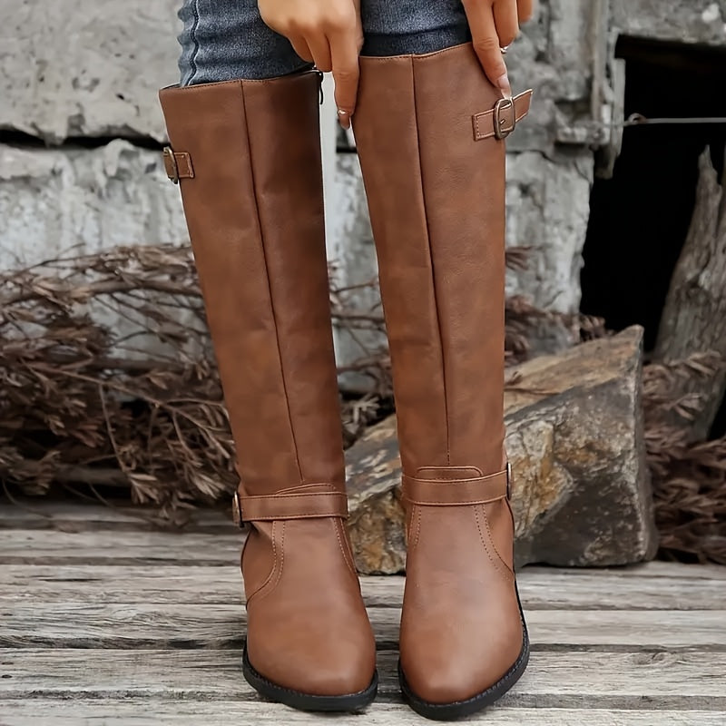Damen Kniehohe Stiefel mit Schnallen-Detail und Reißverschluss