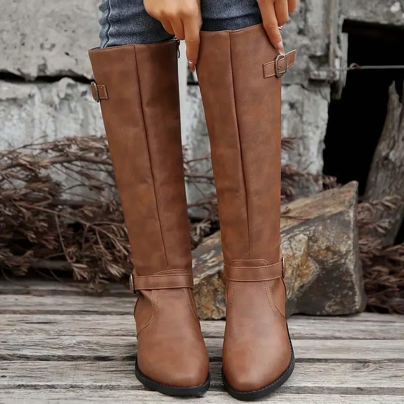 Damen Kniehohe Stiefel mit Schnallen-Detail und Reißverschluss