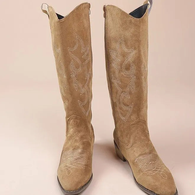 Dameslaarzen in westernstijl, cowboylaarzen met hoge schacht, borduursel en rits