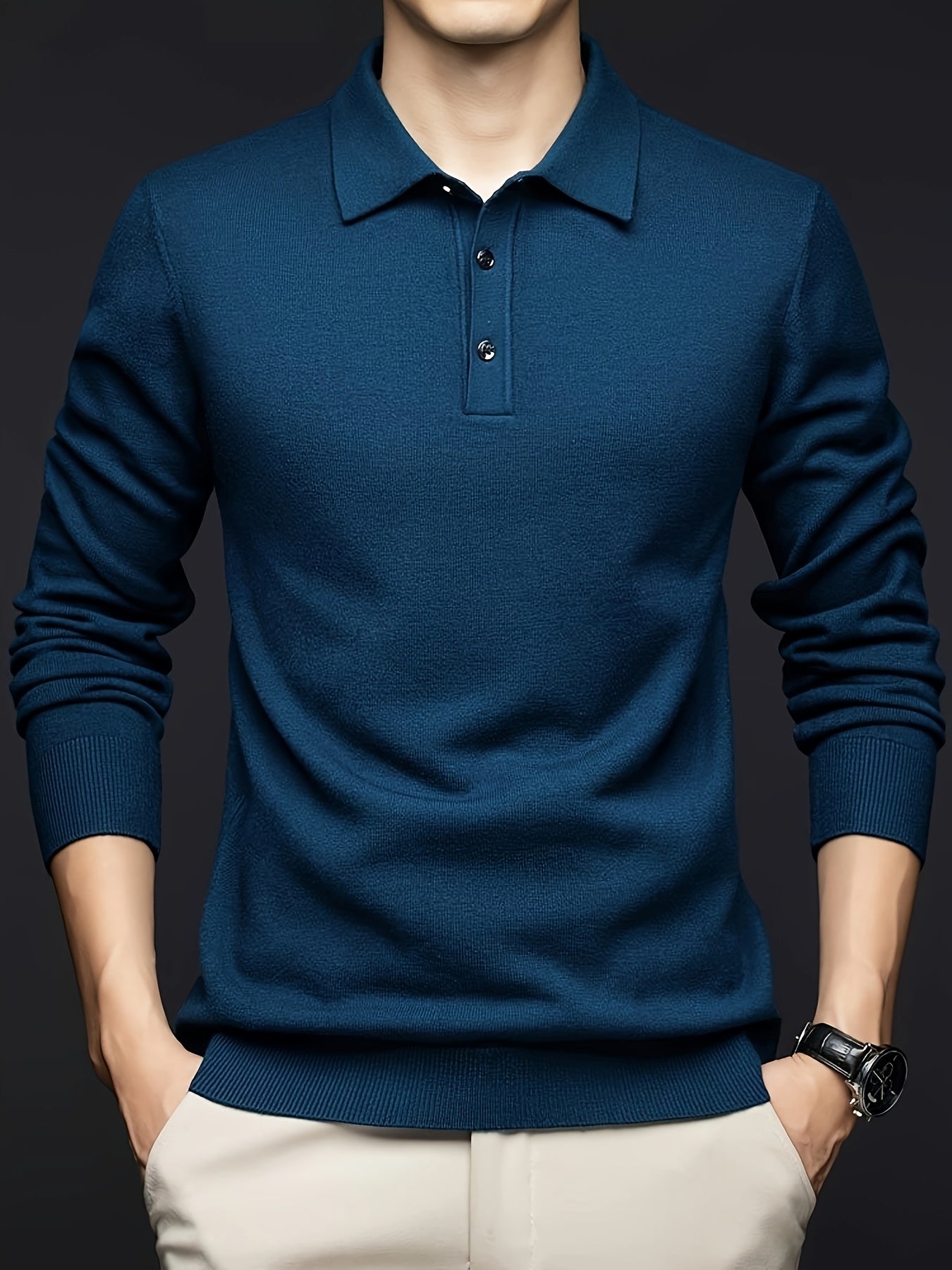 Herren Langarm Polohemd Strickpullover mit Knopfleiste