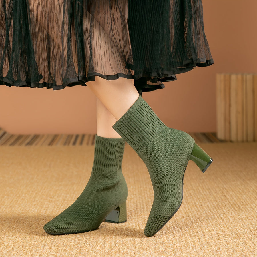 Gestrickte Chelsea Sock-Stiefeletten mit Blockabsatz & spitzer Zehenpartie
