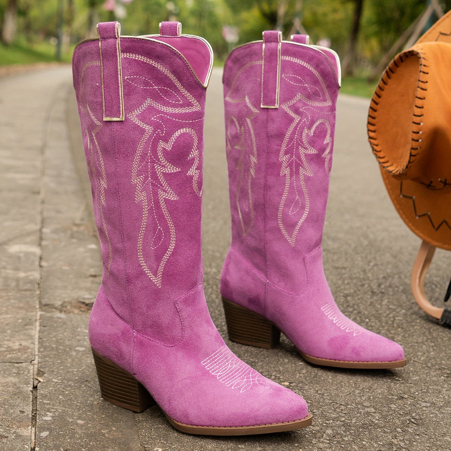 Kniehoge cowboylaarzen voor dames met suède-look, borduursel en blokhak
