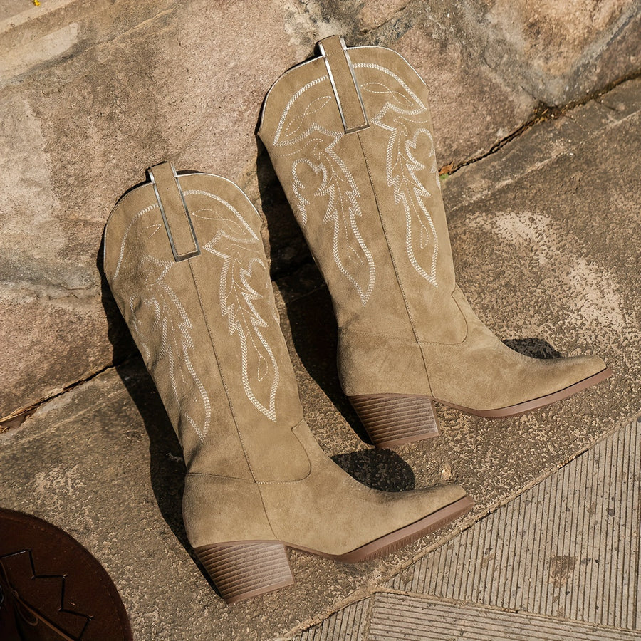 Kniehoge cowboylaarzen voor dames met suède-look, borduursel en blokhak