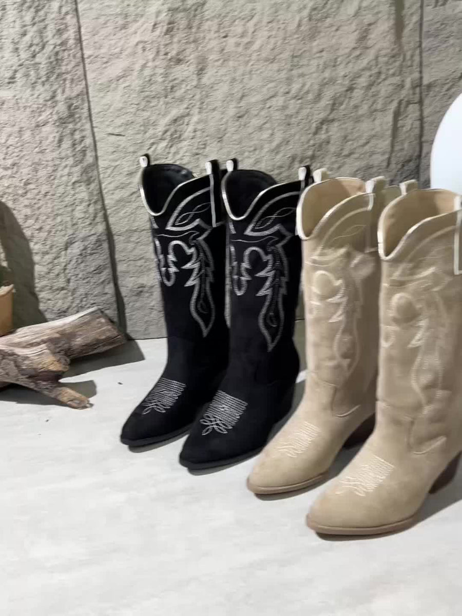 Kniehoge cowboylaarzen voor dames met suède-look, borduursel en blokhak