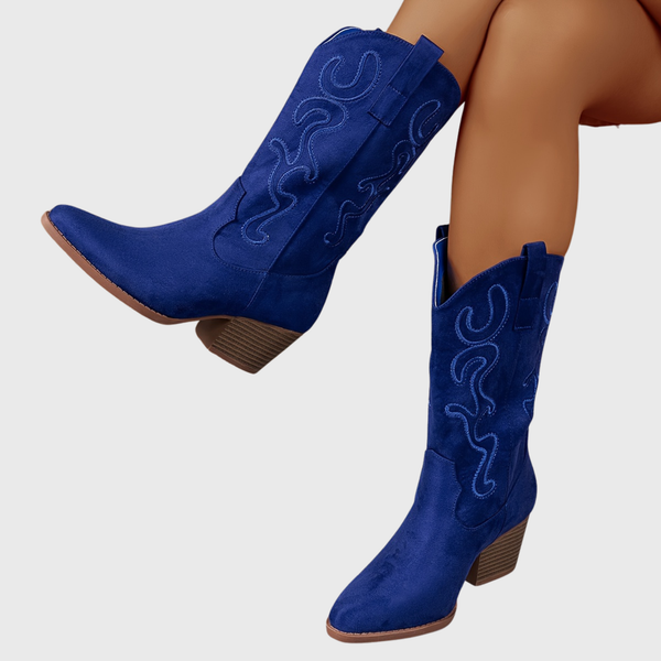 Dameslaarzen in westernstijl, blauw, met borduursel en brede hak