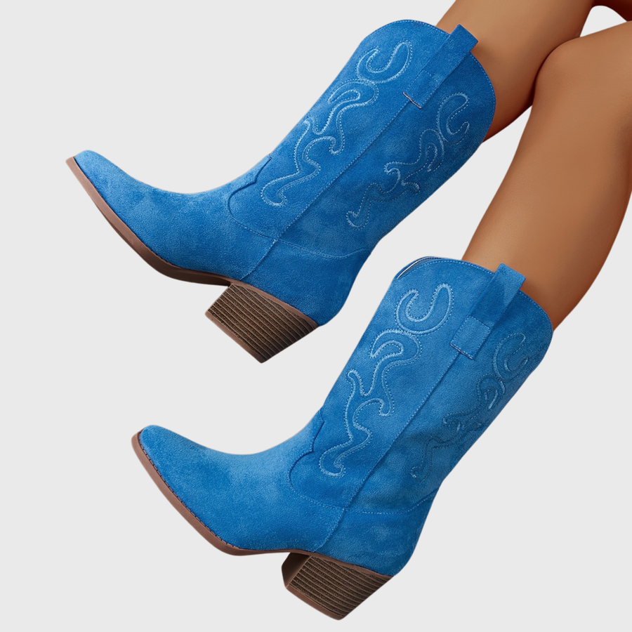 Damen Westernstiefel Blau mit Stickerei und breitem Absatz