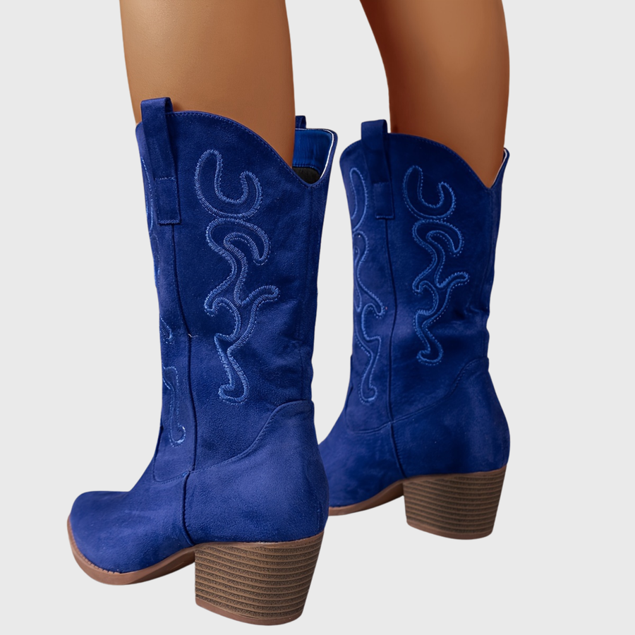 Damen Westernstiefel Blau mit Stickerei und breitem Absatz
