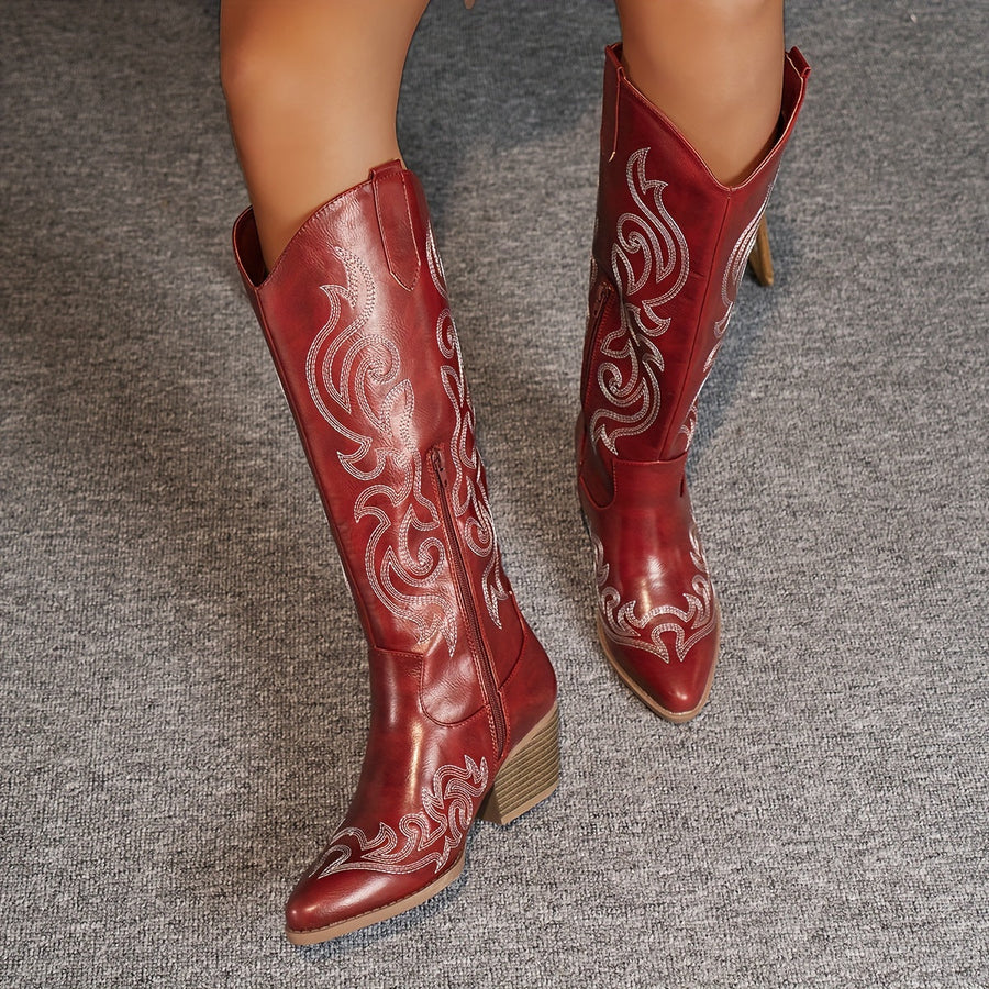 Cowboylaarzen voor dames met borduursel, kniehoge schacht, hak, westernlaarzen