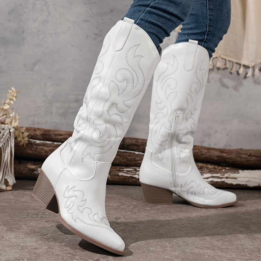 Cowboylaarzen voor dames met borduursel, kniehoge schacht, hak, westernlaarzen