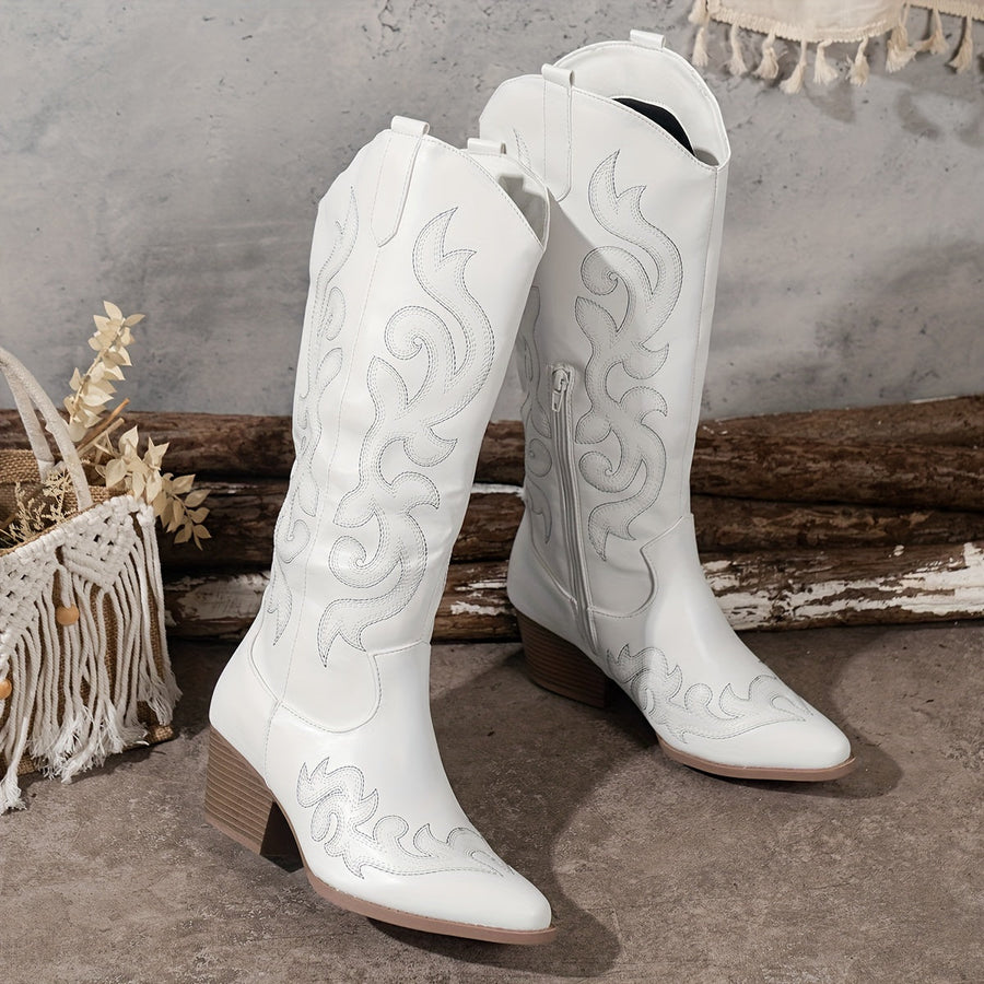 Cowboylaarzen voor dames met borduursel, kniehoge schacht, hak, westernlaarzen