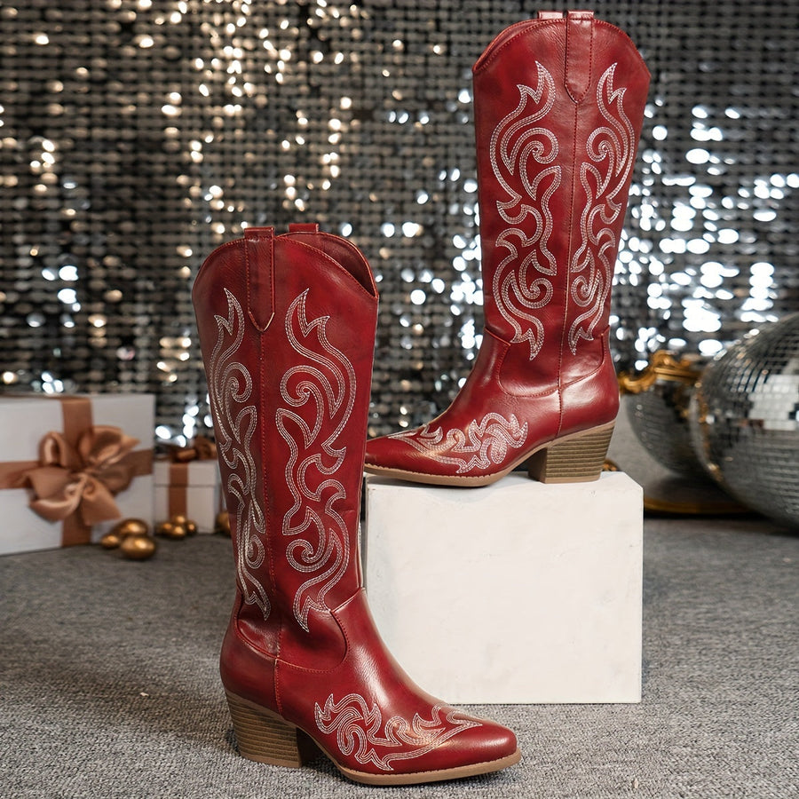 Cowboylaarzen voor dames met borduursel, kniehoge schacht, hak, westernlaarzen