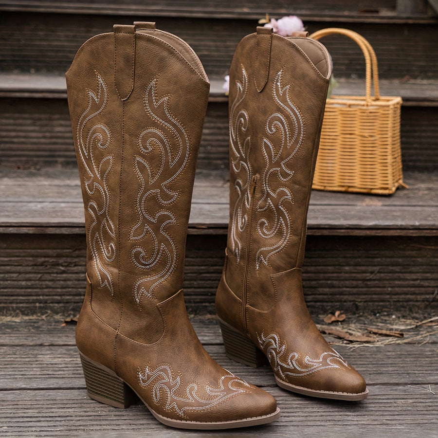 Cowboylaarzen voor dames met borduursel, kniehoge schacht, hak, westernlaarzen