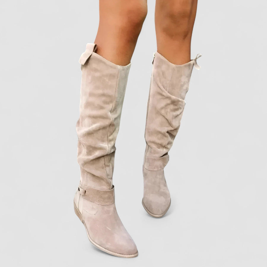 Damen Kniehohe Stiefel mit niedrigem Blockabsatz und Reißverschluss