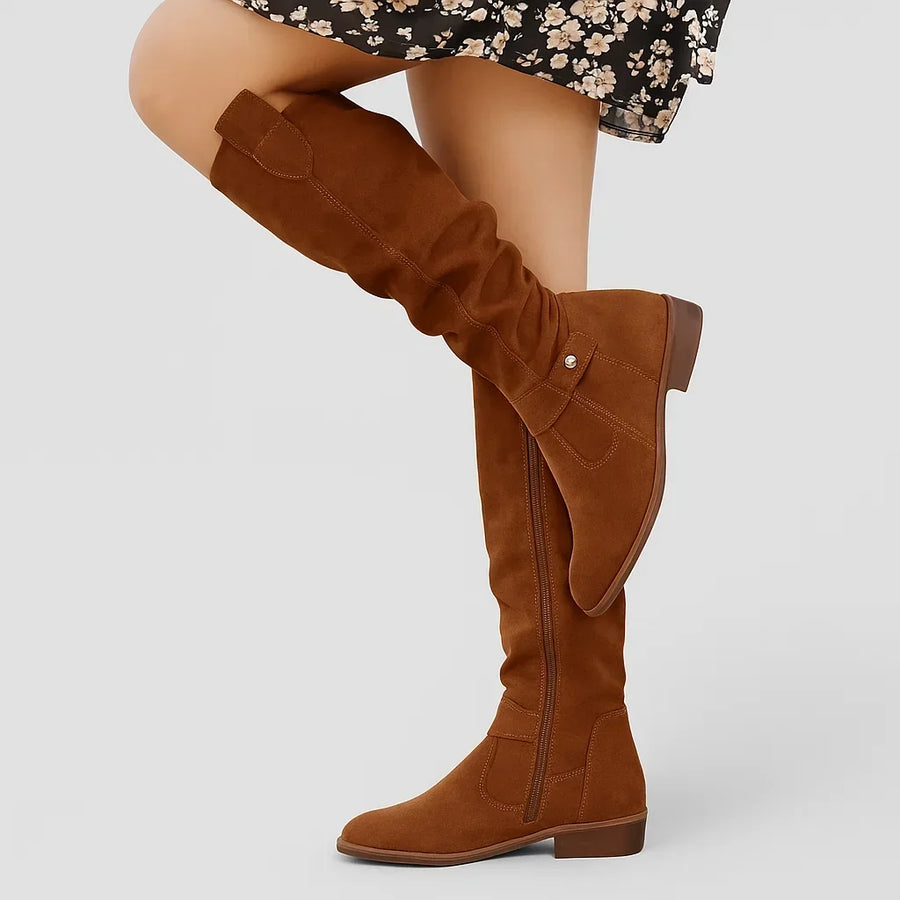 Damen Kniehohe Stiefel mit niedrigem Blockabsatz und Reißverschluss